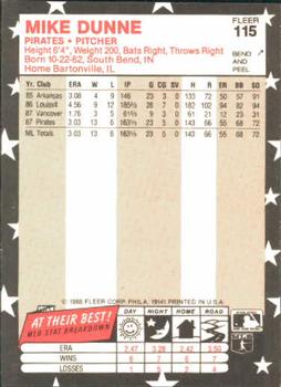 1988 Fleer Star Stickers #115 Mike Dunne Back