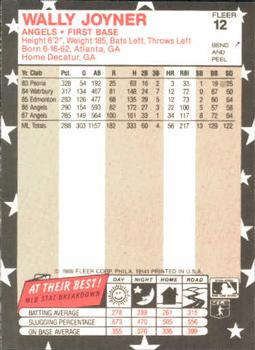1988 Fleer Star Stickers #12 Wally Joyner Back