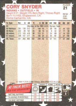 1988 Fleer Star Stickers #21 Cory Snyder Back