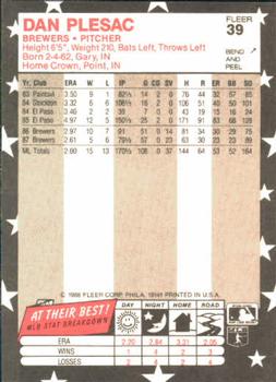 1988 Fleer Star Stickers #39 Dan Plesac Back