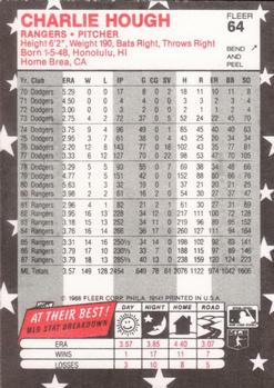1988 Fleer Star Stickers #64 Charlie Hough Back