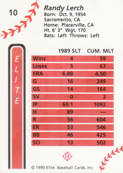 1990 Elite Senior League #10 Randy Lerch Back