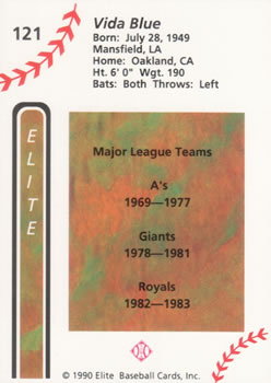 1990 Elite Senior League #121 Vida Blue Back