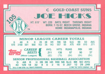1989 Topps Senior League #105 Joe Hicks Back
