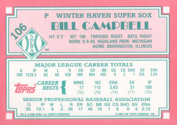 1989 Topps Senior League #106 Bill Campbell Back