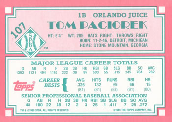 1989 Topps Senior League #107 Tom Paciorek Back
