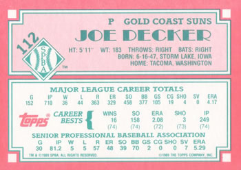 1989 Topps Senior League #112 Joe Decker Back