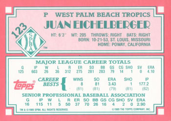 1989 Topps Senior League #123 Juan Eichelberger Back