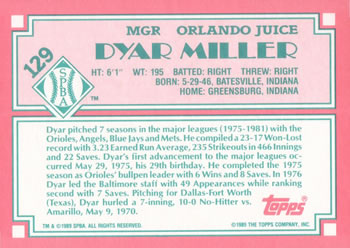 1989 Topps Senior League #129 Dyar Miller Back