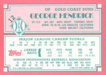 1989 Topps Senior League #12 George Hendrick Back