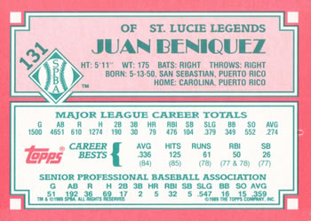 1989 Topps Senior League #131 Juan Beniquez Back