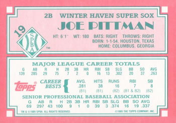 1989 Topps Senior League #19 Joe Pittman Back