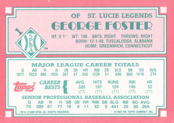 1989 Topps Senior League #1 George Foster Back