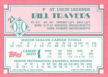 1989 Topps Senior League #21 Bill Travers Back