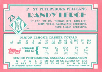 1989 Topps Senior League #23 Randy Lerch Back