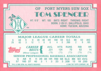 1989 Topps Senior League #24 Tom Spencer Back