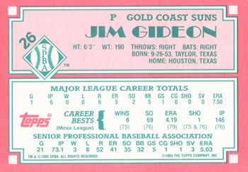 1989 Topps Senior League #26 Jim Gideon Back
