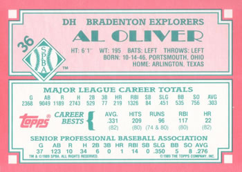 1989 Topps Senior League #36 Al Oliver Back