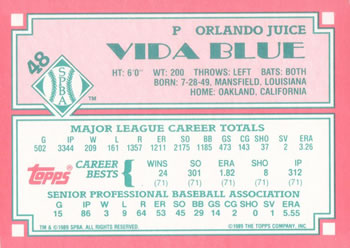 1989 Topps Senior League #48 Vida Blue Back
