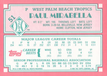 1989 Topps Senior League #51 Paul Mirabella Back