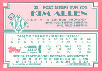 1989 Topps Senior League #53 Kim Allen Back