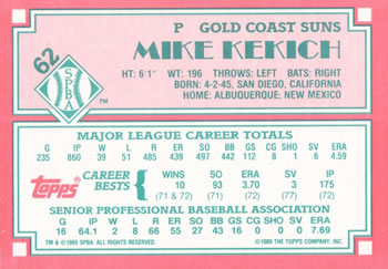 1989 Topps Senior League #62 Mike Kekich Back