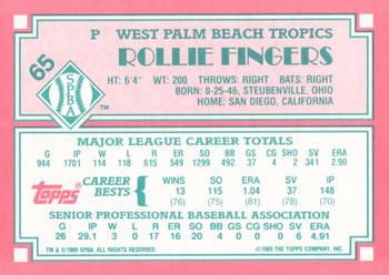 1989 Topps Senior League #65 Rollie Fingers Back