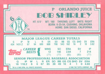 1989 Topps Senior League #6 Bob Shirley Back