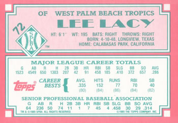 1989 Topps Senior League #72 Lee Lacy Back