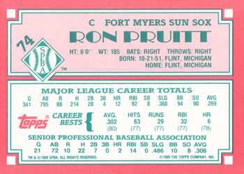 1989 Topps Senior League #74 Ron Pruitt Back