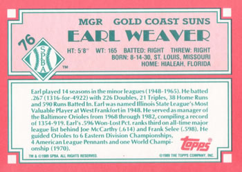 1989 Topps Senior League #76 Earl Weaver Back