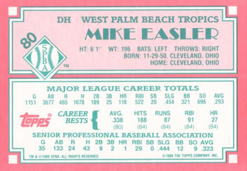1989 Topps Senior League #80 Mike Easler Back