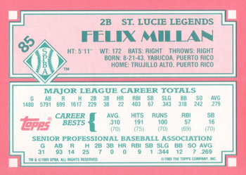 1989 Topps Senior League #85 Felix Millan Back