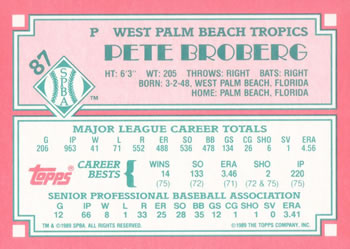1989 Topps Senior League #87 Pete Broberg Back