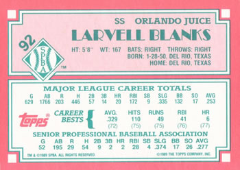 1989 Topps Senior League #92 Larvell Blanks Back