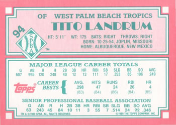 1989 Topps Senior League #94 Tito Landrum Back