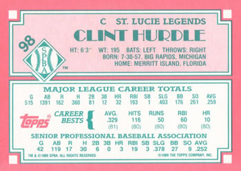 1989 Topps Senior League #98 Clint Hurdle Back