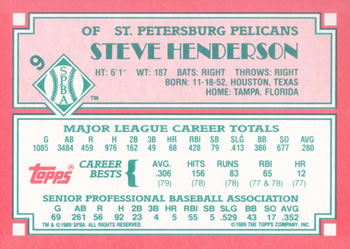 1989 Topps Senior League #9 Steve Henderson Back