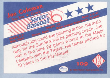 1990 Pacific Senior League #109 Joe Coleman Back