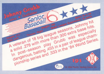 1990 Pacific Senior League #191 Johnny Grubb Back