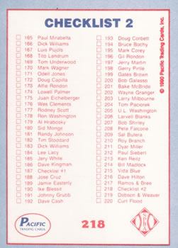 1990 Pacific Senior League #218 Checklist 2: 111-220 Back