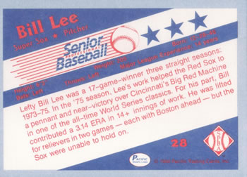 1990 Pacific Senior League #28 Bill Lee Back