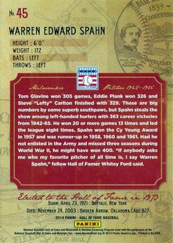 2014 Panini Hall of Fame 75th Year Anniversary - Green Frame Red #45 Warren Spahn Back