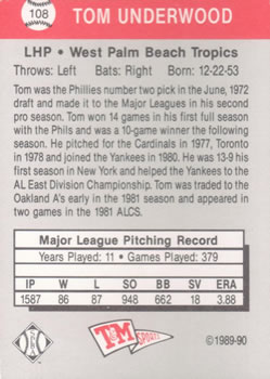 1989-90 T&M Senior League #108 Tom Underwood Back