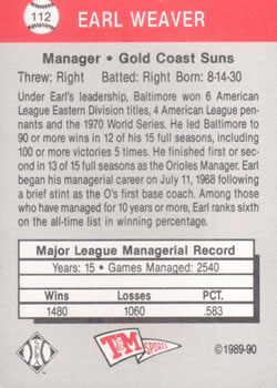 1989-90 T&M Senior League #112 Earl Weaver Back