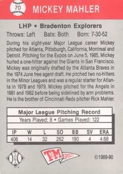 1989-90 T&M Senior League #70 Mickey Mahler Back
