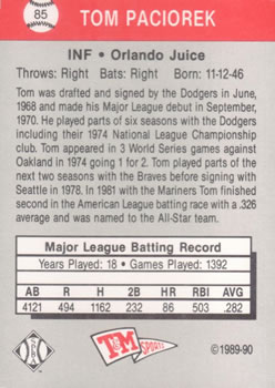 1989-90 T&M Senior League #85 Tom Paciorek Back