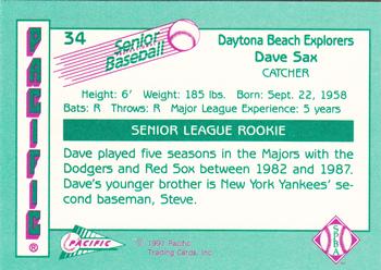 1991 Pacific Senior League #34 Dave Sax Back