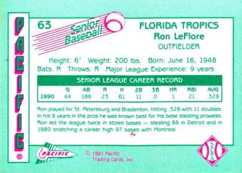 1991 Pacific Senior League #63 Ron LeFlore Back