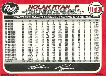 1990 Post Cereal #11 Nolan Ryan Back